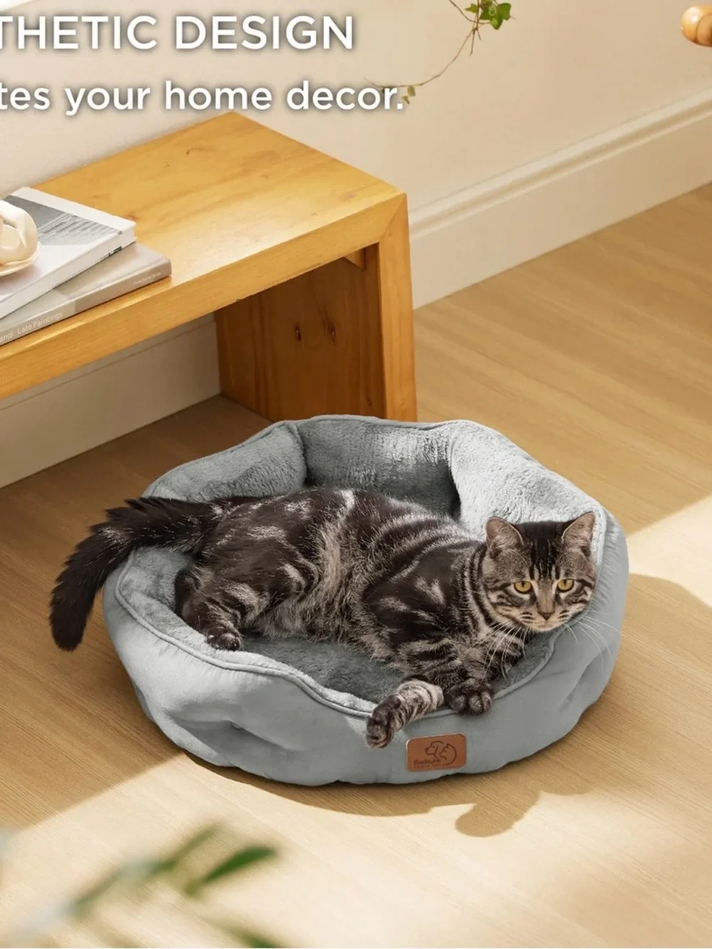 Bedsure Round Bolster Anti Slip Pet Bed Washable Pillow Cushion Gray Plush Soft